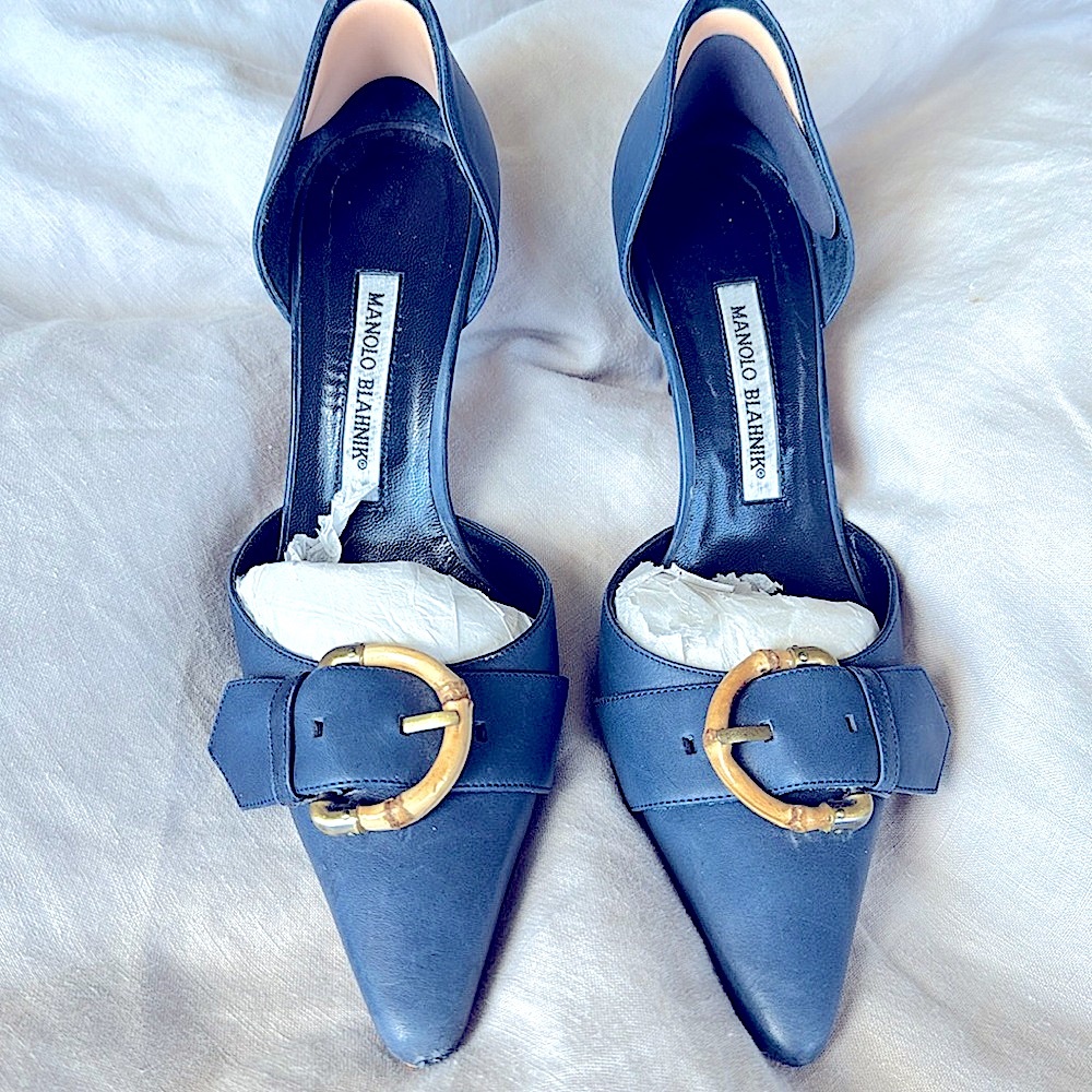 Manolo Blahnik low heels, 37 1/2, Bamboo buckles, mint condition. Bluejeans blue